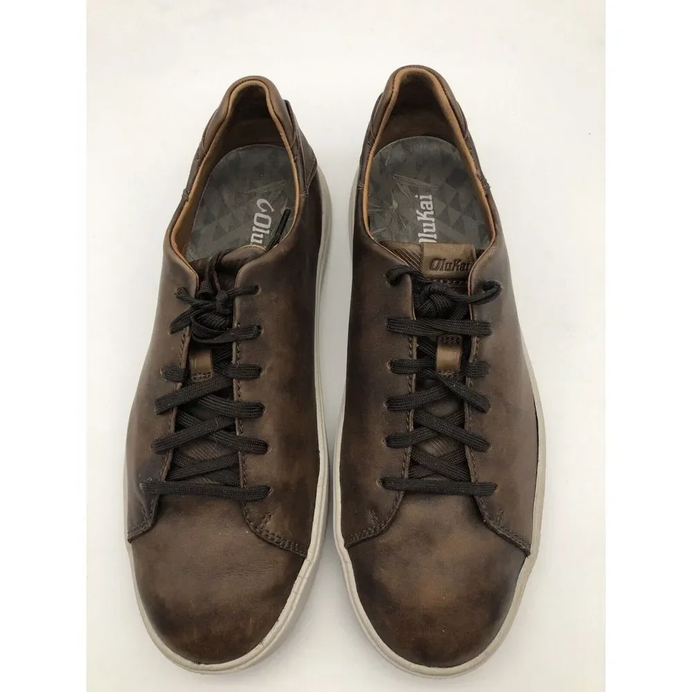Olukai Lae'ahi Li 'Ili Lace Up Leather Sneakers Mens Dark Brown Patina Size 8.5